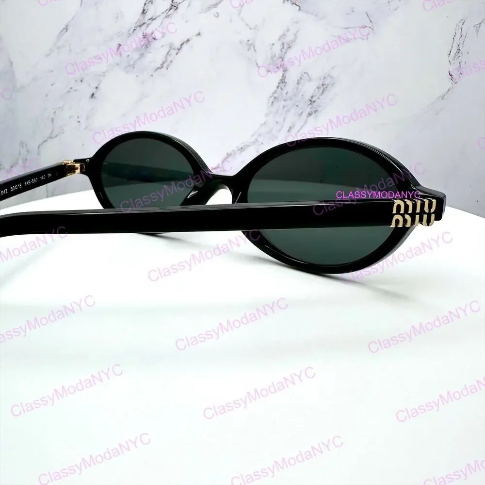 New MIU MIU Sunglasses Black Acetate Slim Round Gold Metal Logo Authentic Women